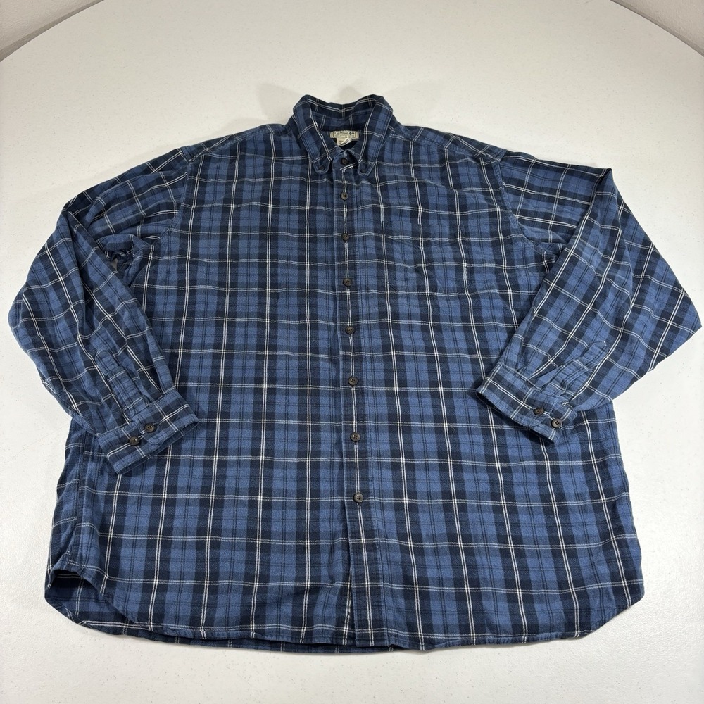 LL Bean Flannel Shirt Mens 2XLT Tall Blue White Scotch Button Up Outdoor Chores